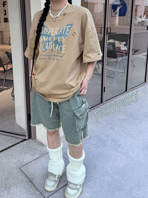 pickypicky蝴蝶字母设计logo蓝棕撞色破洞大T潮流高街情侣短袖