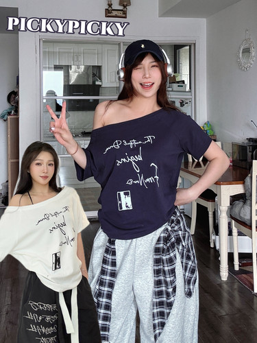 pickypicky美式复古字母印花一字肩斜肩短袖女夏季宽松上衣T恤