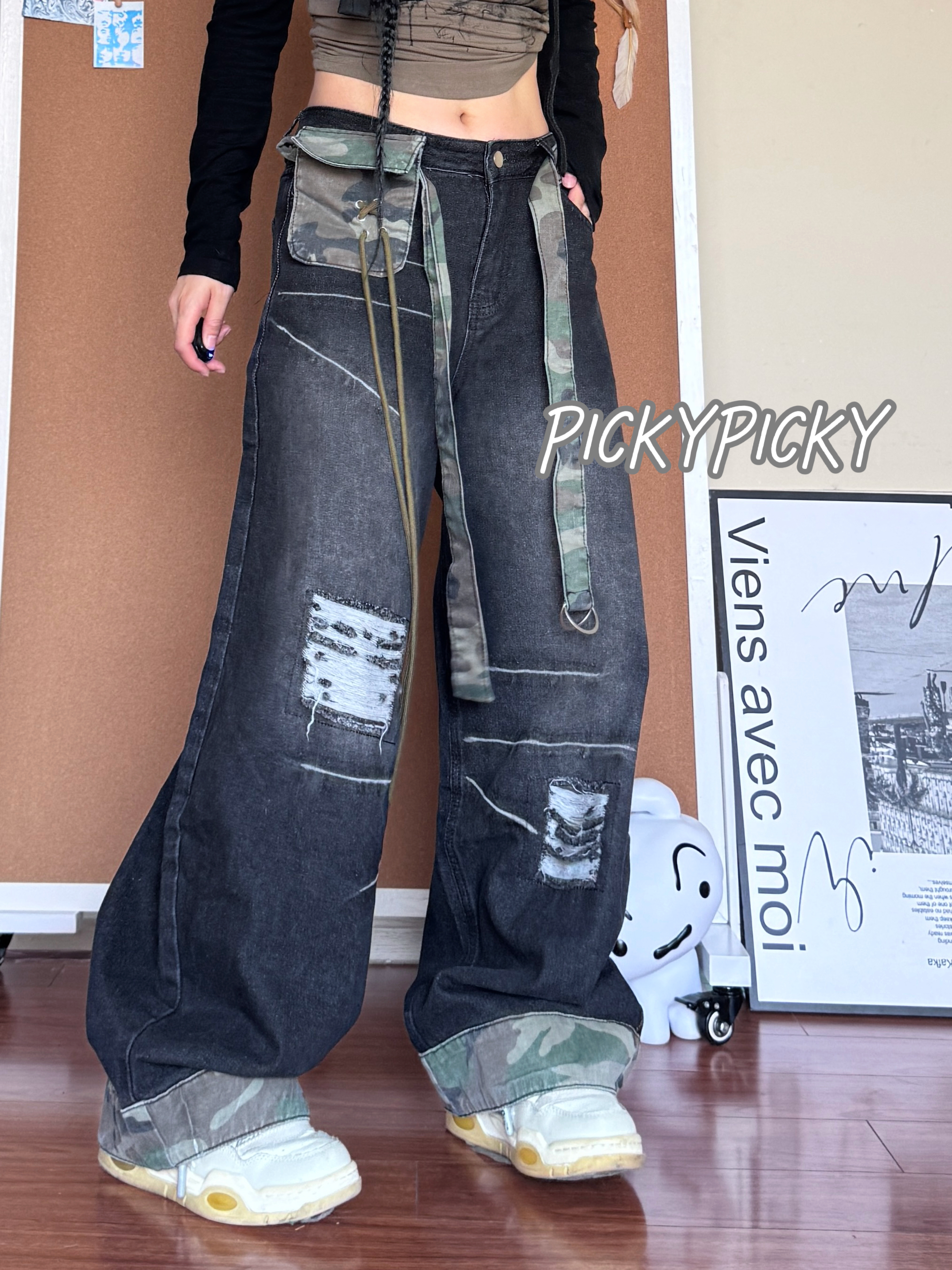 pickypicky美式复古破洞迷彩拼接牛仔裤宽松显瘦直筒阔腿拖地长裤