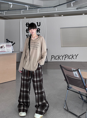 年终福利款！pickypicky咖啡色秋冬新款厚款不加绒休闲阔腿格子裤