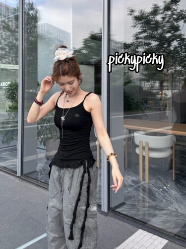 pickypicky美式辣妹黑色飘带爵士吊带背心女抽绳设计感上衣