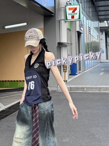 pickypicky美式复古字母印花吊带背心女修身显瘦内搭打底上衣潮
