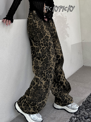pickypicky美式复古大口袋休闲豹纹欧美阔腿工装裤