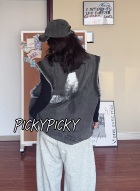 pickypicky美式复古水洗做旧牛仔马甲女宽松显瘦无袖坎肩外套