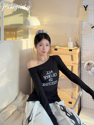 pickypicky欧美长袖露肩辣妹薄款收腰上衣女修身显瘦设计感斜肩