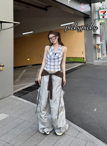 pickypicky美式复古格纹挂脖吊带背心修身显瘦无袖上衣