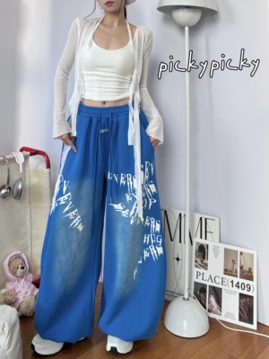 pickypicky美式复古字母涂鸦印花宽松显瘦直筒阔腿休闲裤