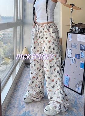 pickypicky猫咪涂鸦大口袋工装裤子直筒百搭阔腿裤休闲裤