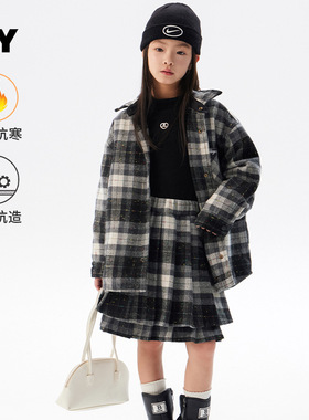 儿童夹棉外套女童复古格子棉衣学院风秋冬季新款加厚格子短裙套装