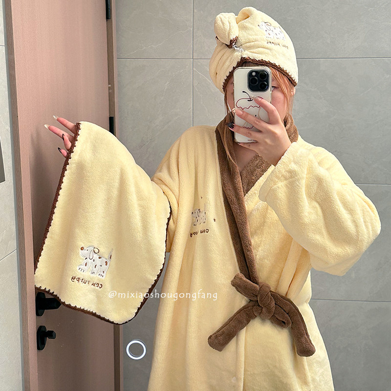 浴袍女珊瑚绒速干超强吸水保暖可裹浴巾成人可穿式浴衣一体式浴裙