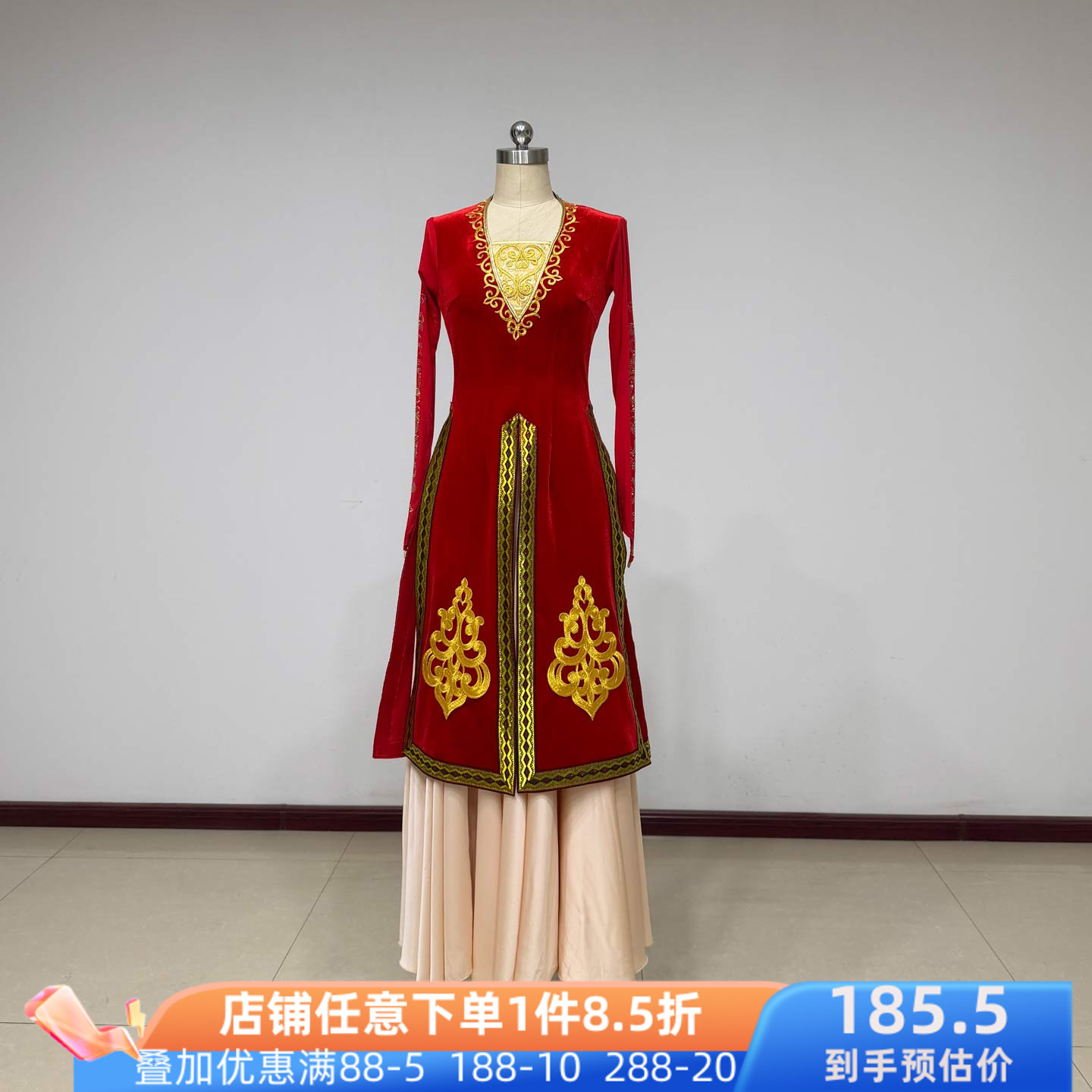 维族舞丝绒大摆裙女演出服红色