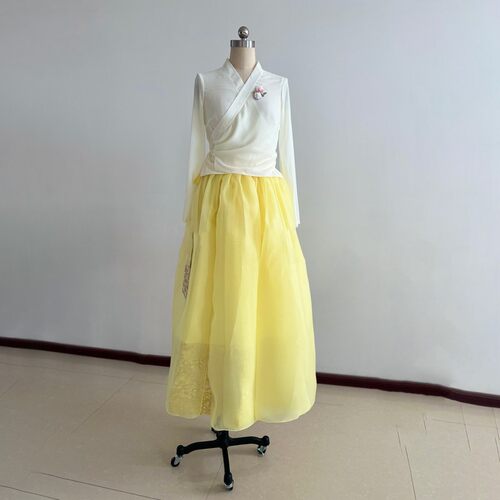 新款舞研依库朝鲜族舞蹈服装女练习上衣仿真丝裙子胸花韩服演出服