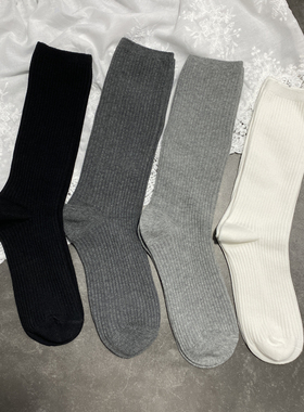 2025春季新款竖条纹中筒袜女洋气百搭简约纯色堆堆袜女灰色系潮袜