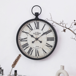 法式 北欧现代风圆钟美式 复古做旧铁质圆钟挂钟大号客厅挂钟钟表