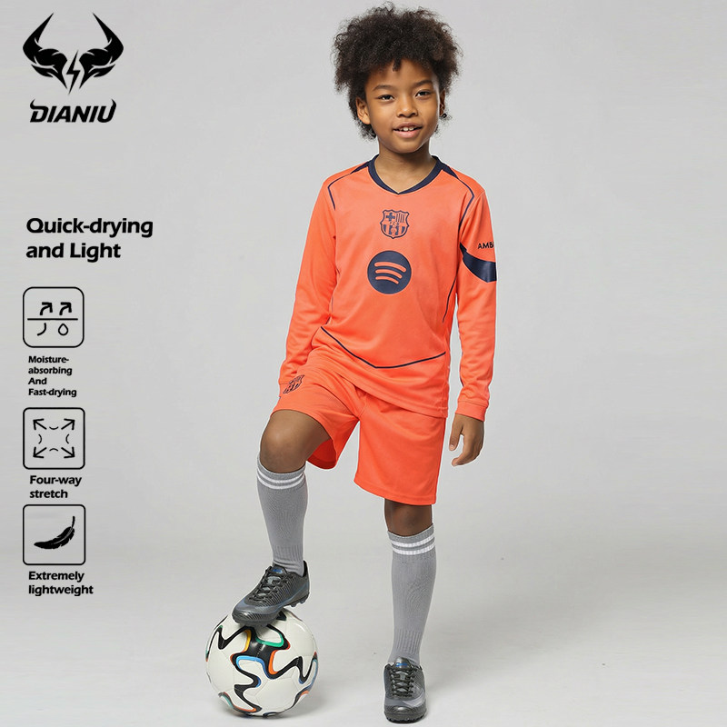 速干新款巴萨皇马橙色长袖巴黎球衣儿童足球训练队服套装成人定制