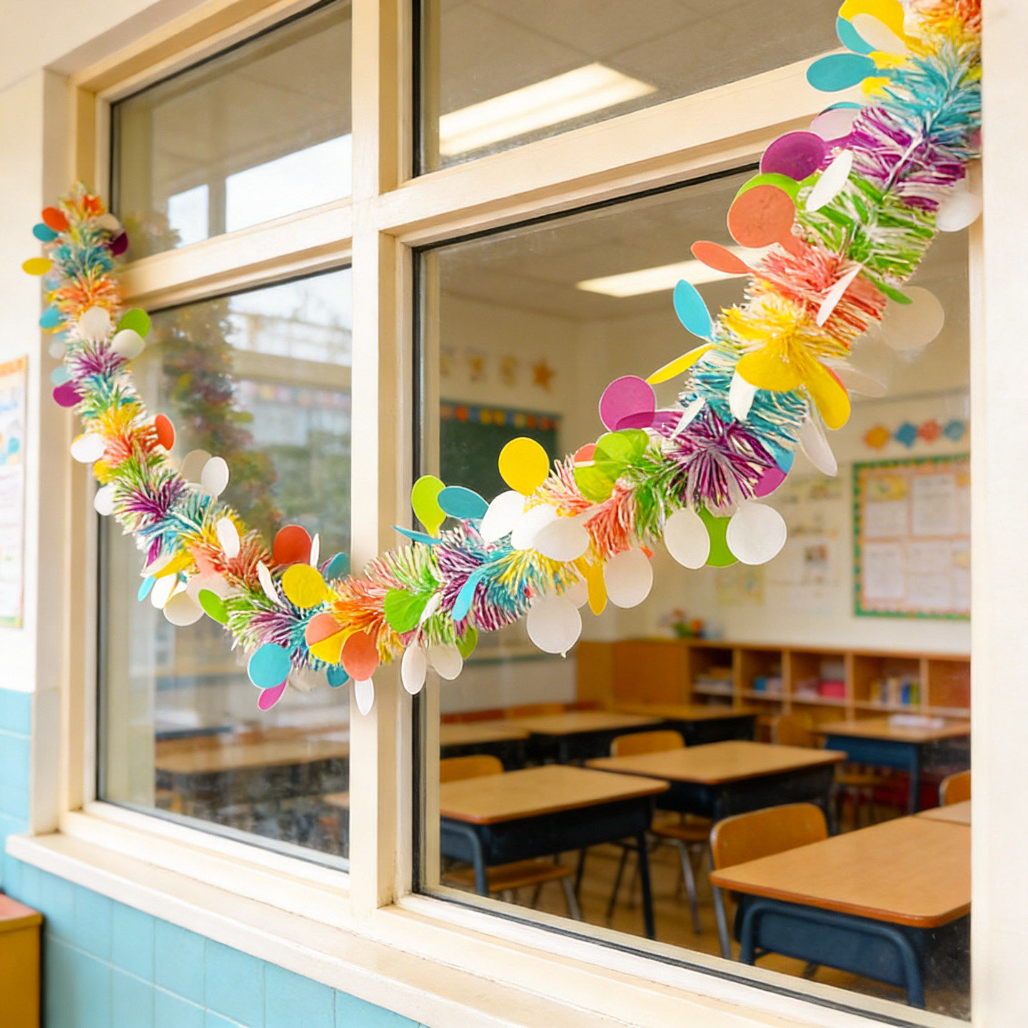 幼儿园小学教室布置马卡龙装饰彩条圣拉花六一儿童节装饰活动毛条