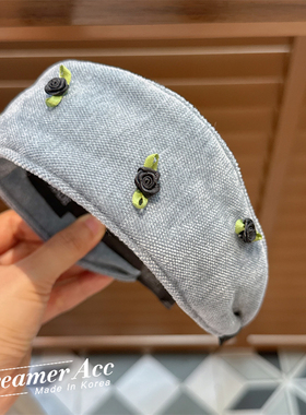 韩国东大门商场专柜豆同款蓝色绒布小玫瑰花朵布艺发箍宽边发卡女