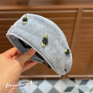 韩国东大门商场专柜豆同款蓝色绒布小玫瑰花朵布艺发箍宽边发卡女