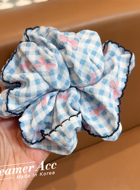 韩国进口浅蓝色格子发圈印花小蝴蝶结大肠发绳高马尾发饰头绳女