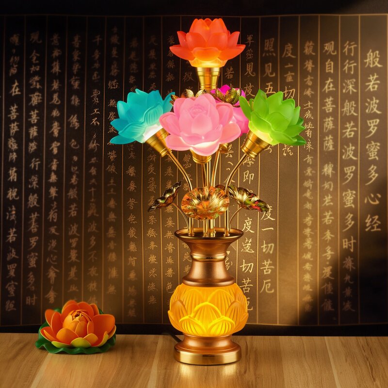 新款七彩莲花灯供佛长明灯led佛前观音供灯家用佛堂插电琉璃佛灯