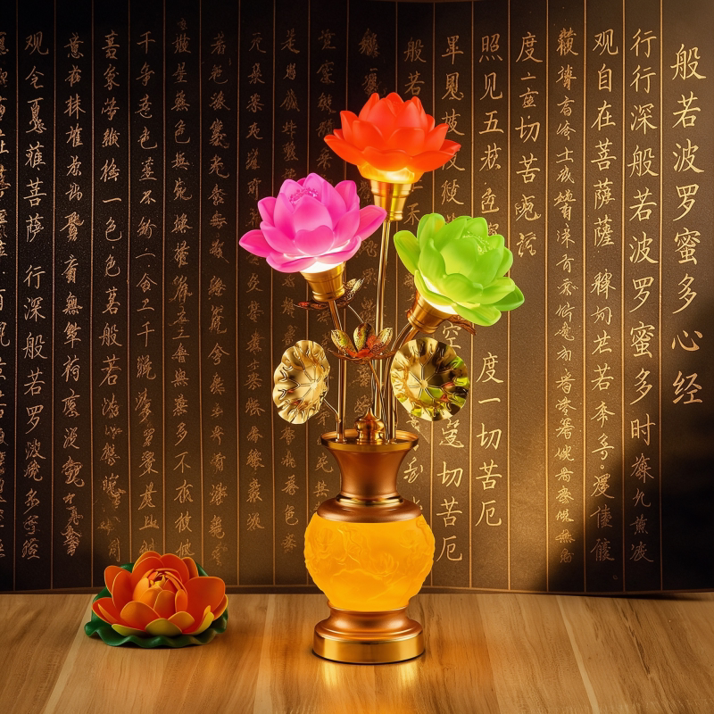 新款莲花灯供佛灯家用供奉琉璃七彩莲花灯插电led观音佛前供灯图片