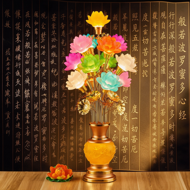 新款莲花灯供佛灯家用供奉琉璃七彩莲花灯插电led观音佛前供灯图片
