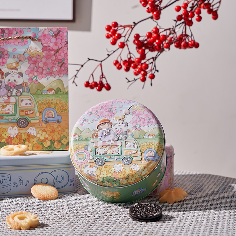 原创卡通曲奇饼干圆形铁盒结婚伴手礼巧克力喜糖盒宫记千层蛋糕盒