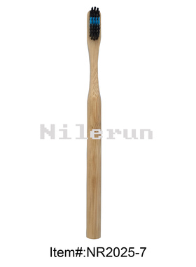 激光雕刻定制日用品 圆形竹子把柄黑色间蓝色刷毛成人牙刷