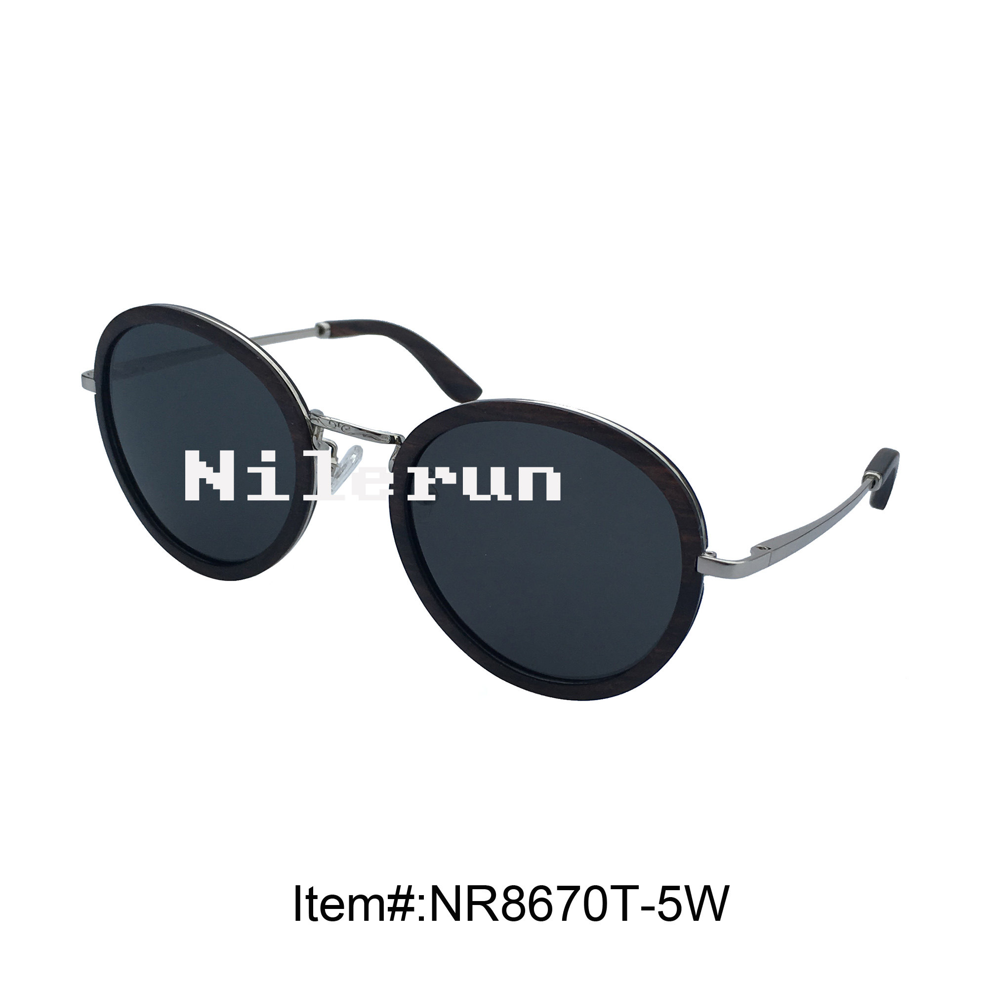 银色金属鼻梁金属腿配黑檀木脚套黑色圆形大框偏光墨镜太阳眼镜