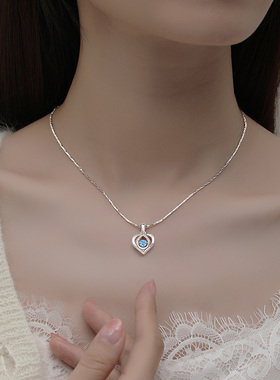 Winy999足银心形托帕石项链ins海洋之心锁骨链送女友老婆七夕礼物