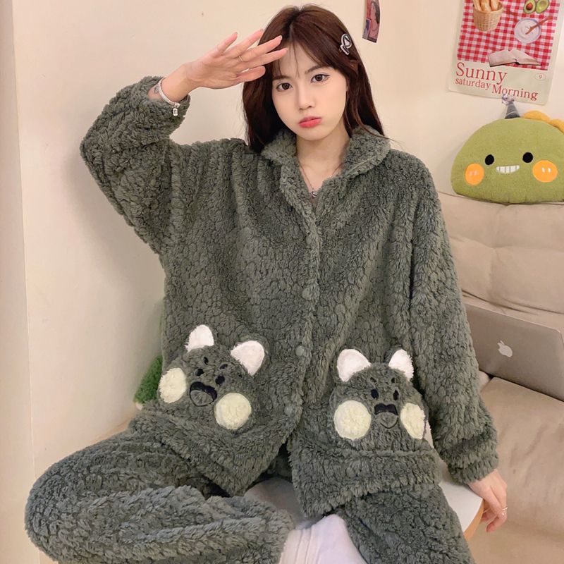 睡衣女冬季珊瑚绒加绒加厚长毛绒保暖套装冬天法兰绒翻领家居服