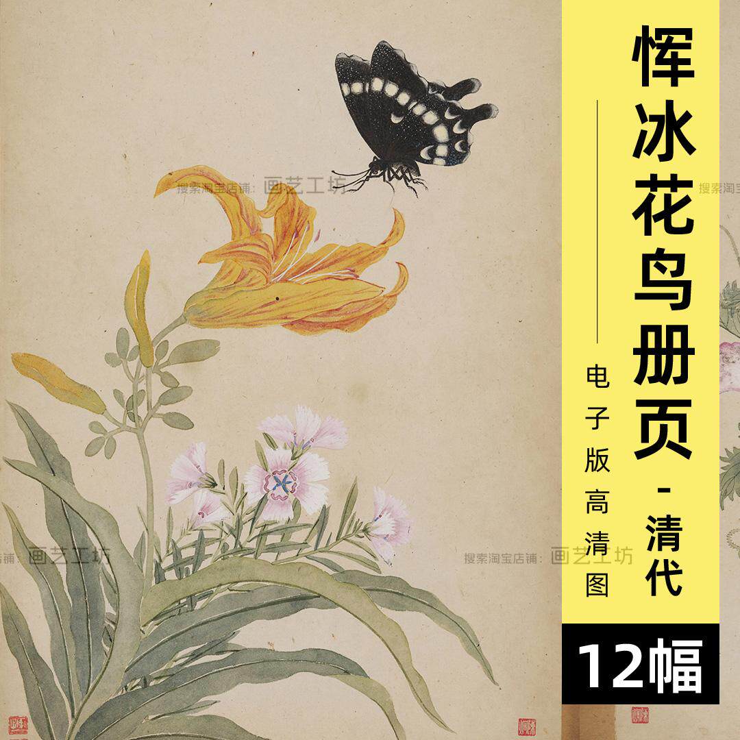 电子图恽冰工笔花鸟蝴蝶牡丹芙蓉虞美人海棠草虫花卉画临摹素材图