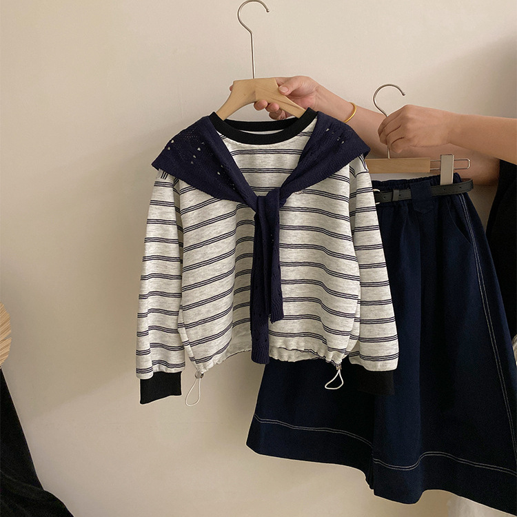 女童休闲运动套装2025秋季韩版披肩长袖条纹卫衣上衣中大童阔腿裤