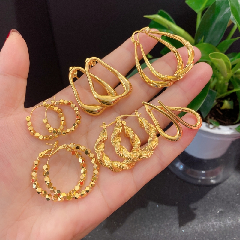 轻奢时尚麻花个性仿真耳钉沙金女款镀金方糖碎金圆圈耳环耳圈水滴