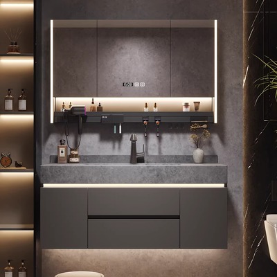 岩板热弯钛灰款一体盆浴室柜