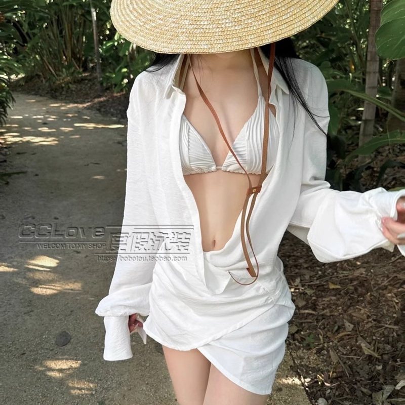 2025枫叶纯白比基尼小胸聚拢长袖防晒V领衬衫可下水泳衣沙滩裙女,运动/瑜伽/健身/球迷用品,比基尼,淘宝优惠券,粉丝福利购,淘宝优惠卷