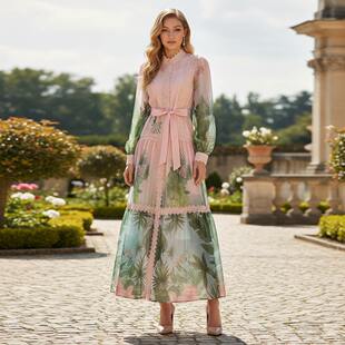 美式度假田园风灯笼袖绿色热带印花连衣裙蕾丝拼接系带裙长裙