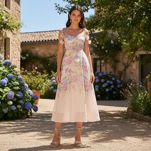 2026现货夏花卉印花吊带鱼骨收腰仙女连衣裙旅游度假裙子单件