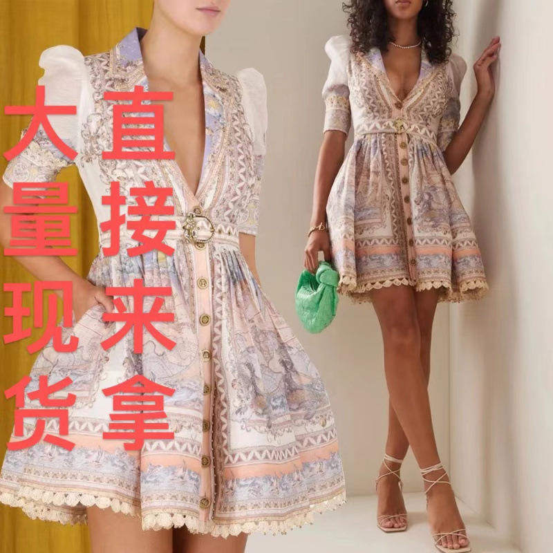 新款2025外贸独立站澳洲定位印花A型V领短袖短款礼服连衣裙女
