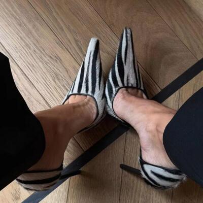 斑马纹尖头侧装高跟鞋女宴会走秀单鞋Stiletto Evening 浅口单鞋
