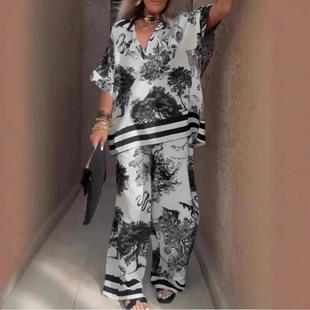 2025欧美风独立站休闲v领印花短袖上衣宽松阔腿裤子2件套女装