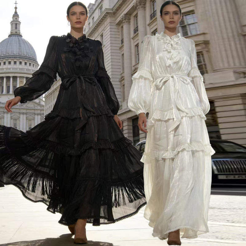 度假风花边系带立领多层珍珠荷叶边大摆型纯色长款连衣裙 8色常规