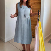 亚马逊独立站wish2025夏季 欧美纽扣口袋无袖 圆领棉麻连衣裙单件
