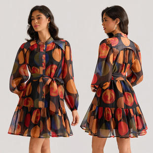 2026春夏小众设计宫廷风彩色印花网纱连衣裙长袖短裙女飞飞袖