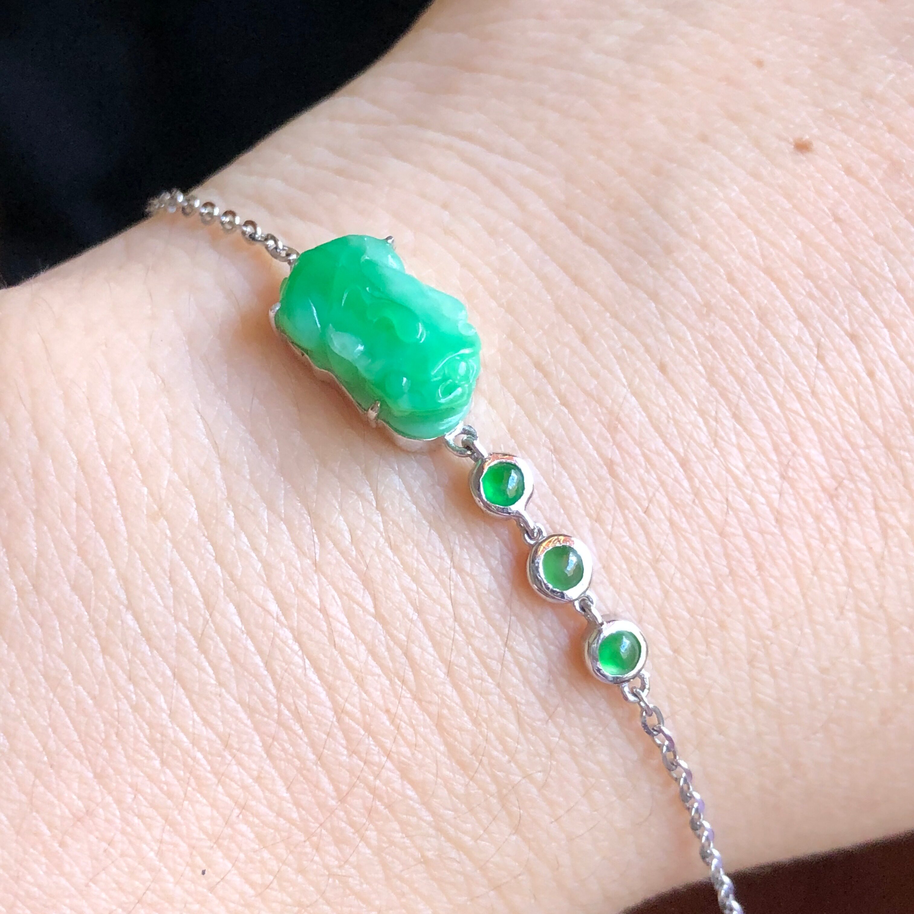 天然翡翠a货18k金镶嵌冰润阳绿貔貅手链玉石时尚老坑貔貅玉链n215