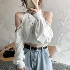 Control 3 real shot Korean ins metal chain off shoulder loose long sleeve casual T-shirt trend