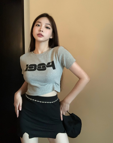 Real shooting letter printing short round neck T-shirt + high waist skirt + casual pants