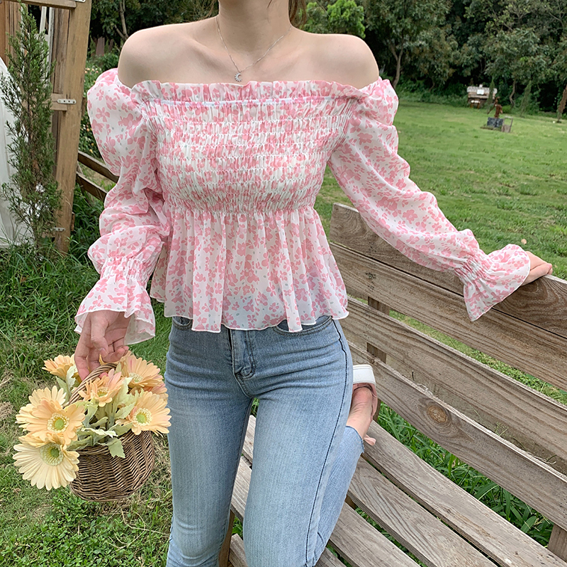 Real shot French sweet fairy smashed flower shirt and sexy one line collar Ruffle Top