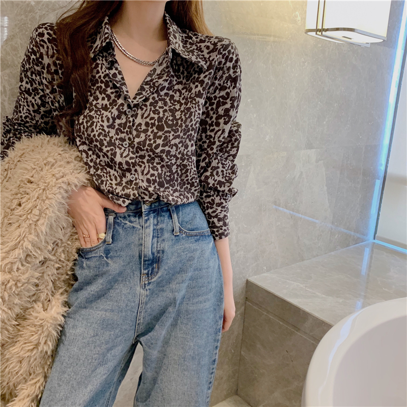 Real style Leopard Print Shirt women's fashion foreign style casual shirt