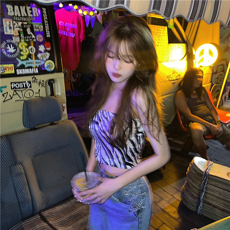 Real shot French sexy bra women's zebra pattern slim fit short open navel bottom vest